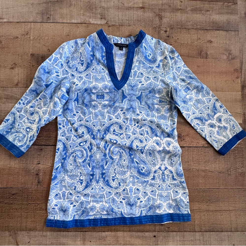 346 Brooks Brothers 100% Linen Paisley Tunic Blue White 3/4 Sleeve MEDIUM